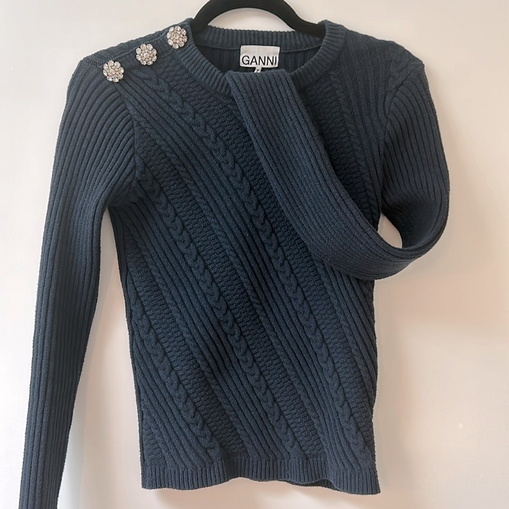 GANNI sweater navy with gorgeous crystal embellishment sz XS
